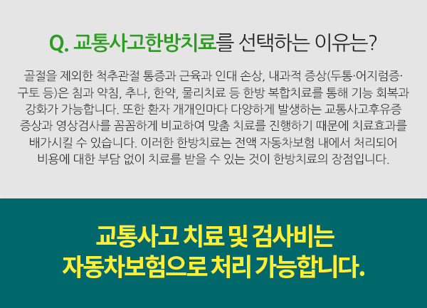 Q. 교통사고한방치료를 선택하는 이유는? 골절을 제외한 척추관절 통증과 근육과 인대 손상, 내과적 증상(두통·어지럼증·구토 등)은 침과 약침, 추나, 한약, 물리치료 등 한방 복합치료를 통해 기능 회복과 강화가 가능합니다. 또한 환자 개개인마다 다양하게 발생하는 교통사고후유증 증상과 영상검사를 꼼꼼하게 비교하여 맞춤 치료를 진행하기 때문에 치료효과를 배가시킬 수 있습니다. 이러한 한방치료는  자동차보험 내에서 처리되어 비용에 대한 부담 없이 치료를 받을 수 있는 것이 한방치료의 장점입니다.